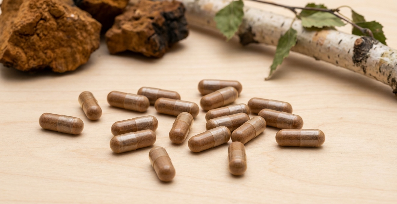 Capsule vegetali di integratore di chaga su superficie di legno con pezzi di fungo essiccato