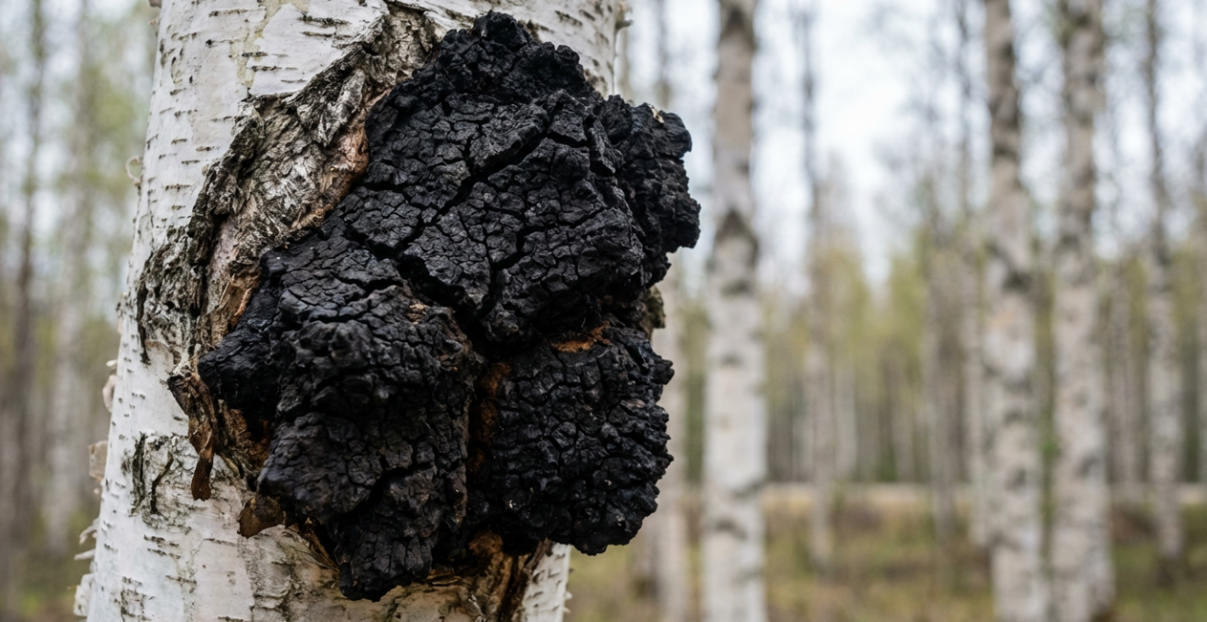 Fungo chaga nero dalla texture irregolare cresciuto su tronco di betulla bianca in foresta boreale