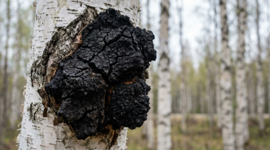 Fungo chaga nero dalla texture irregolare cresciuto su tronco di betulla bianca in foresta boreale