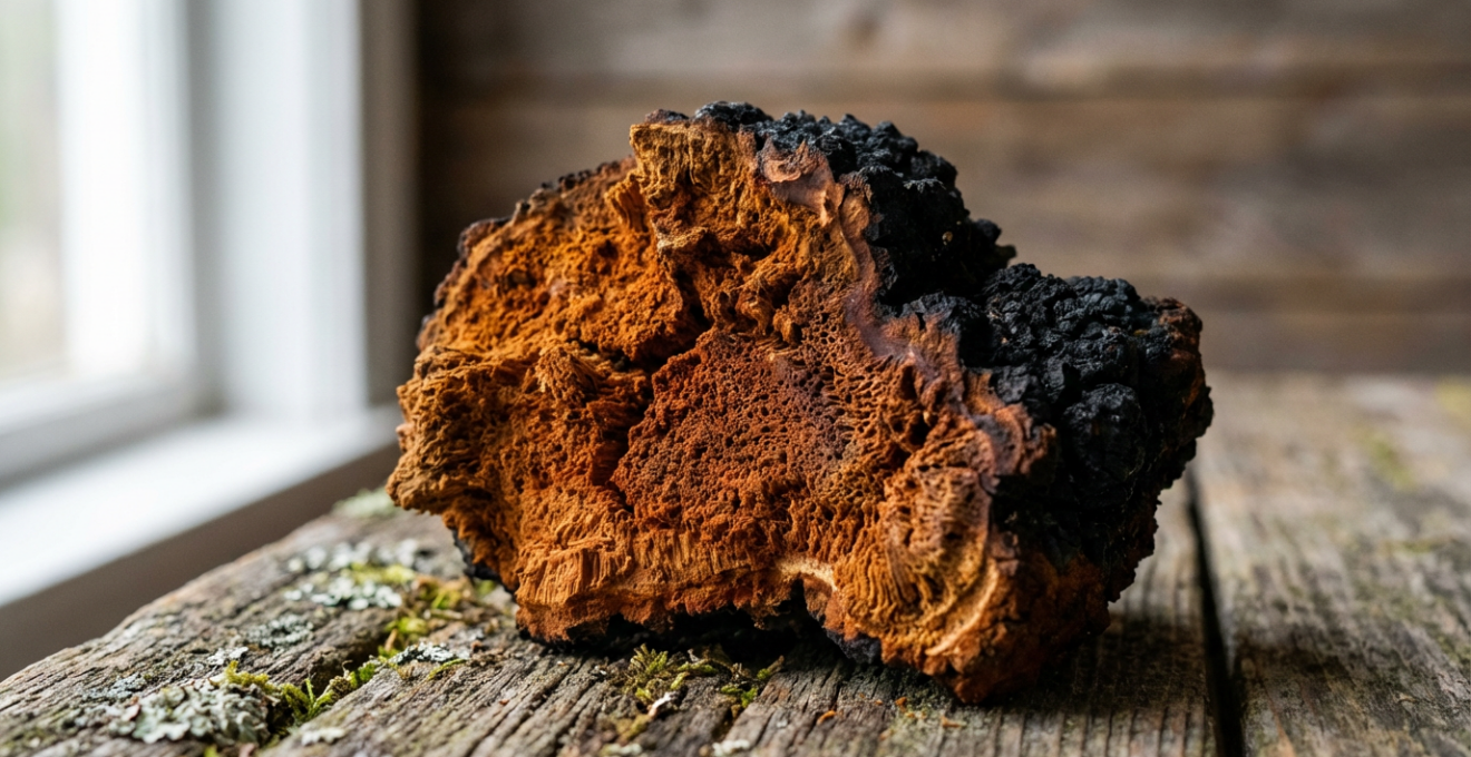 Sezione trasversale di fungo chaga che mostra l'interno color ruggine-arancione caratteristico dei principi attivi