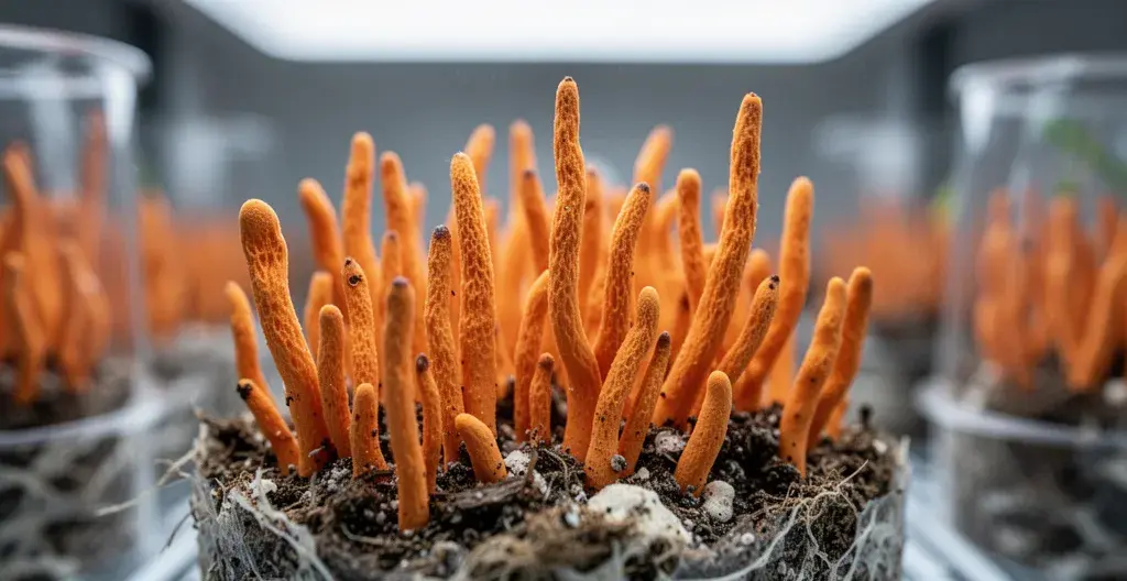 Funghi Cordyceps militaris arancioni crescita substrato naturale micoterapia