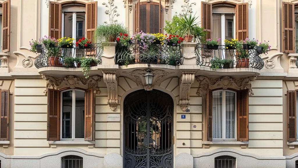 Facciata di elegante palazzo liberty milanese con balconi tipici del mercato immobiliare di pregio