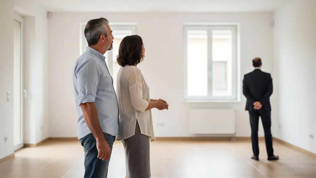 Coppia che visita un appartamento vuoto a Milano con agente immobiliare per valutazione prezzi